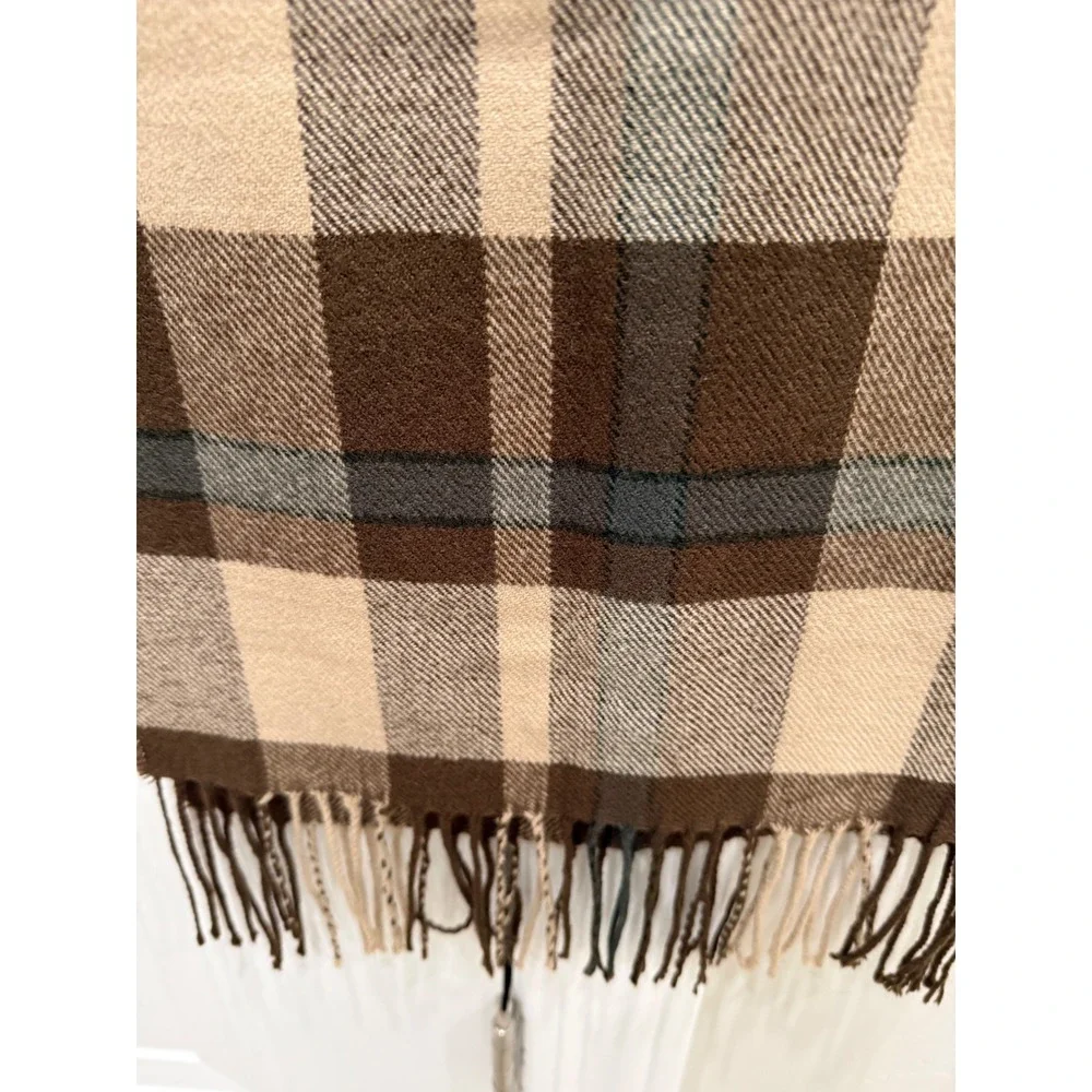 Brown Plaid Cashmere Blend Scarf Tan Grey Checkered Winter Fringe Wrap Accessory